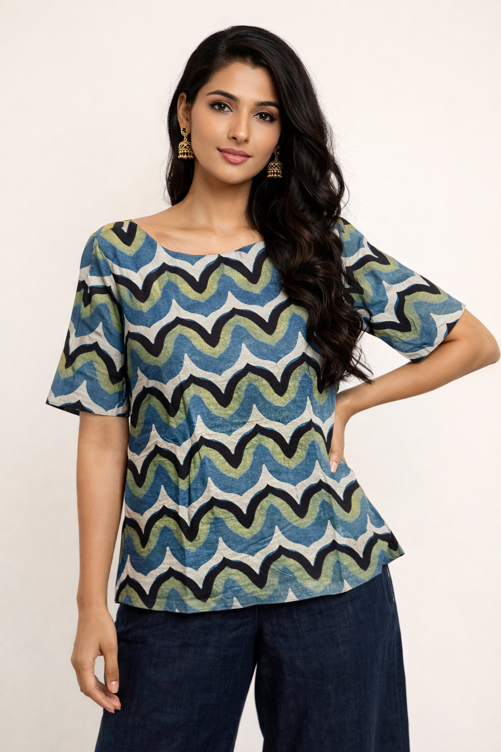 Azure & Sage Zig-Zag Print Boat Neck Top