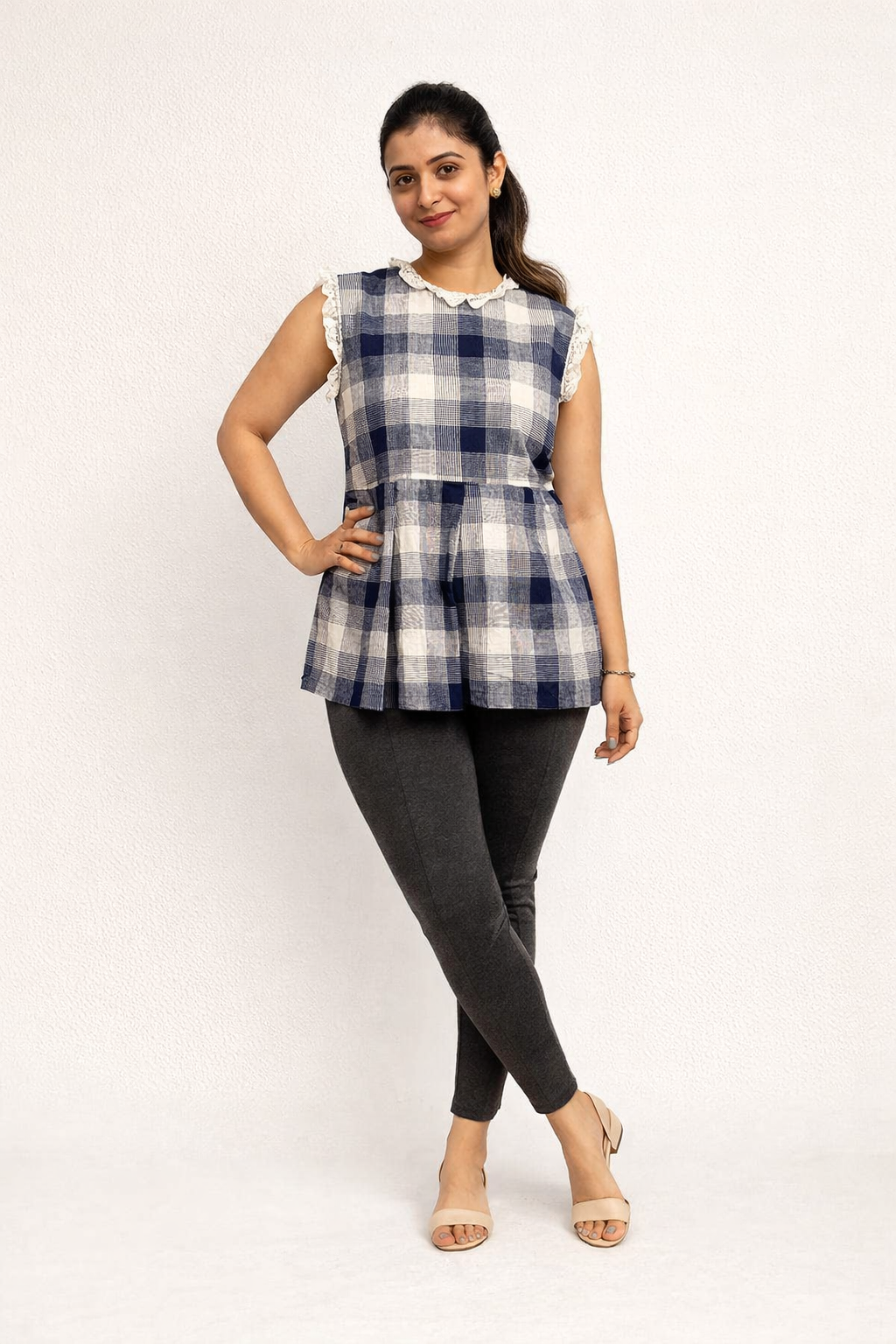 Navy Check Peplum Top