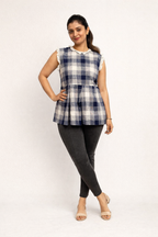 Navy Check Peplum Top