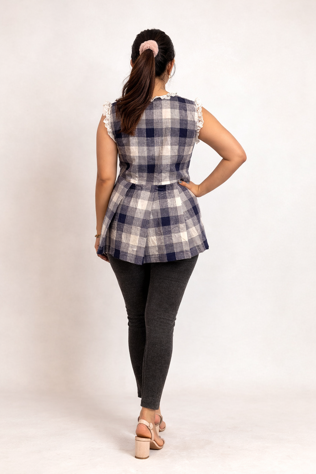 Navy Check Peplum Top