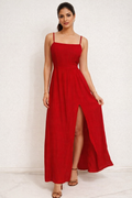 Crimson Red Square-Neck Maxi Dress with Front Slit