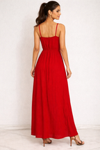 Crimson Red Square-Neck Maxi Dress with Front Slit