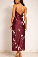Wine Burgundy Floral Satin Slip Dress