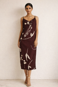 Wine Burgundy Floral Satin Slip Dress