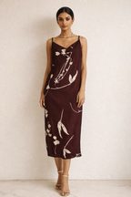 Wine Burgundy Floral Satin Slip Dress