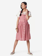 Casual Rose Pinafore Dress with Side Pockets