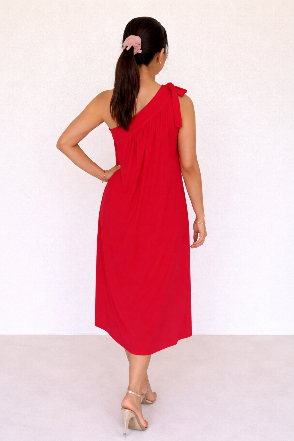 Poppy Red One-Shoulder Tie-Strap Midi Dress