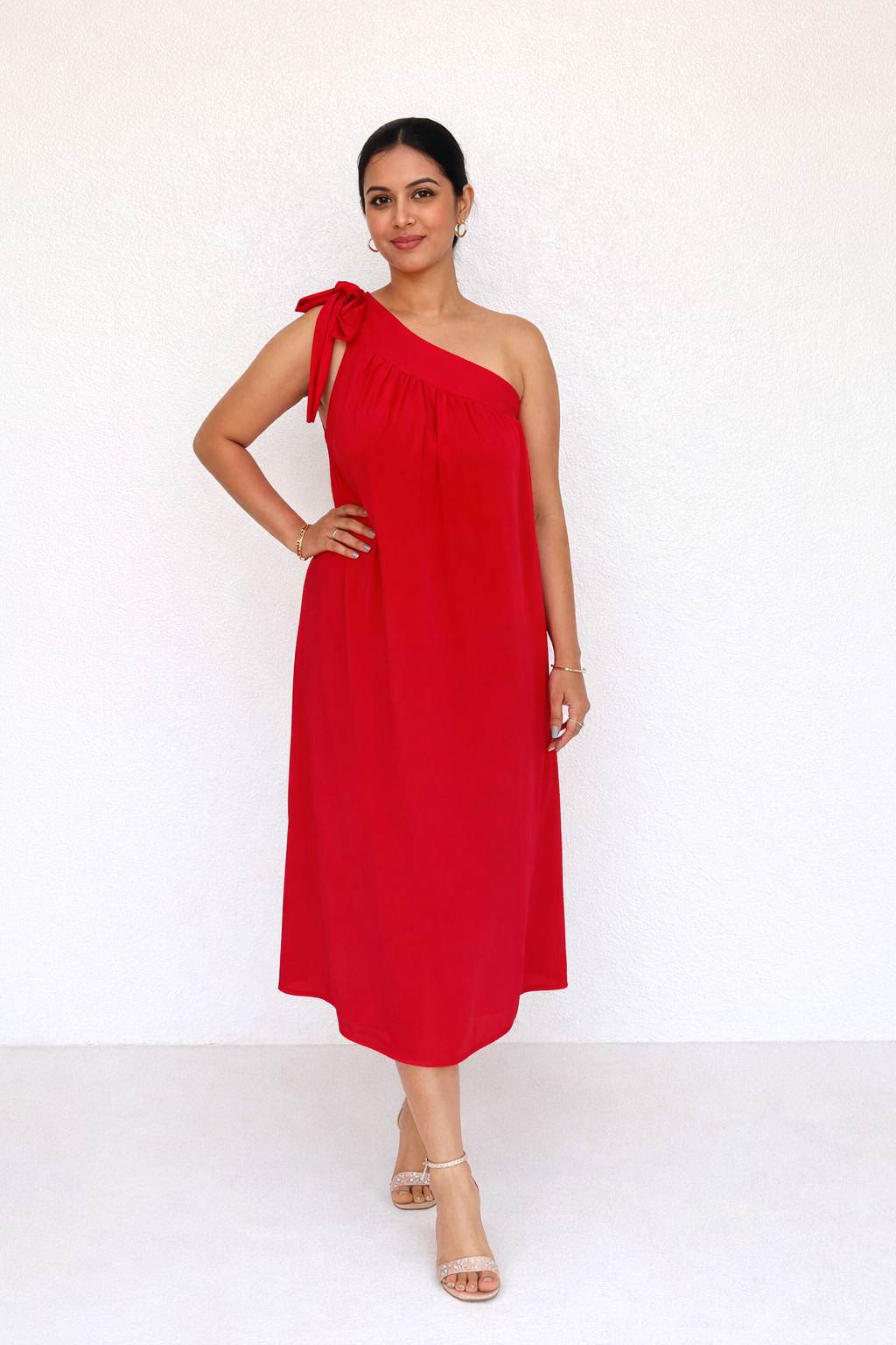 Poppy Red One-Shoulder Tie-Strap Midi Dress