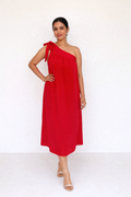 Poppy Red One-Shoulder Tie-Strap Midi Dress