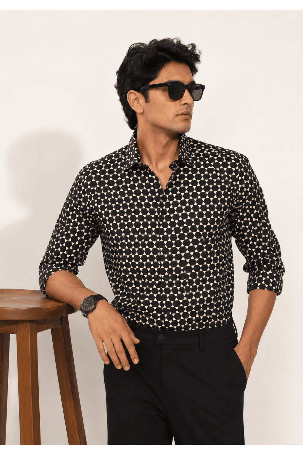 Black and Cream Geometric Triangle Print Casual Shirt