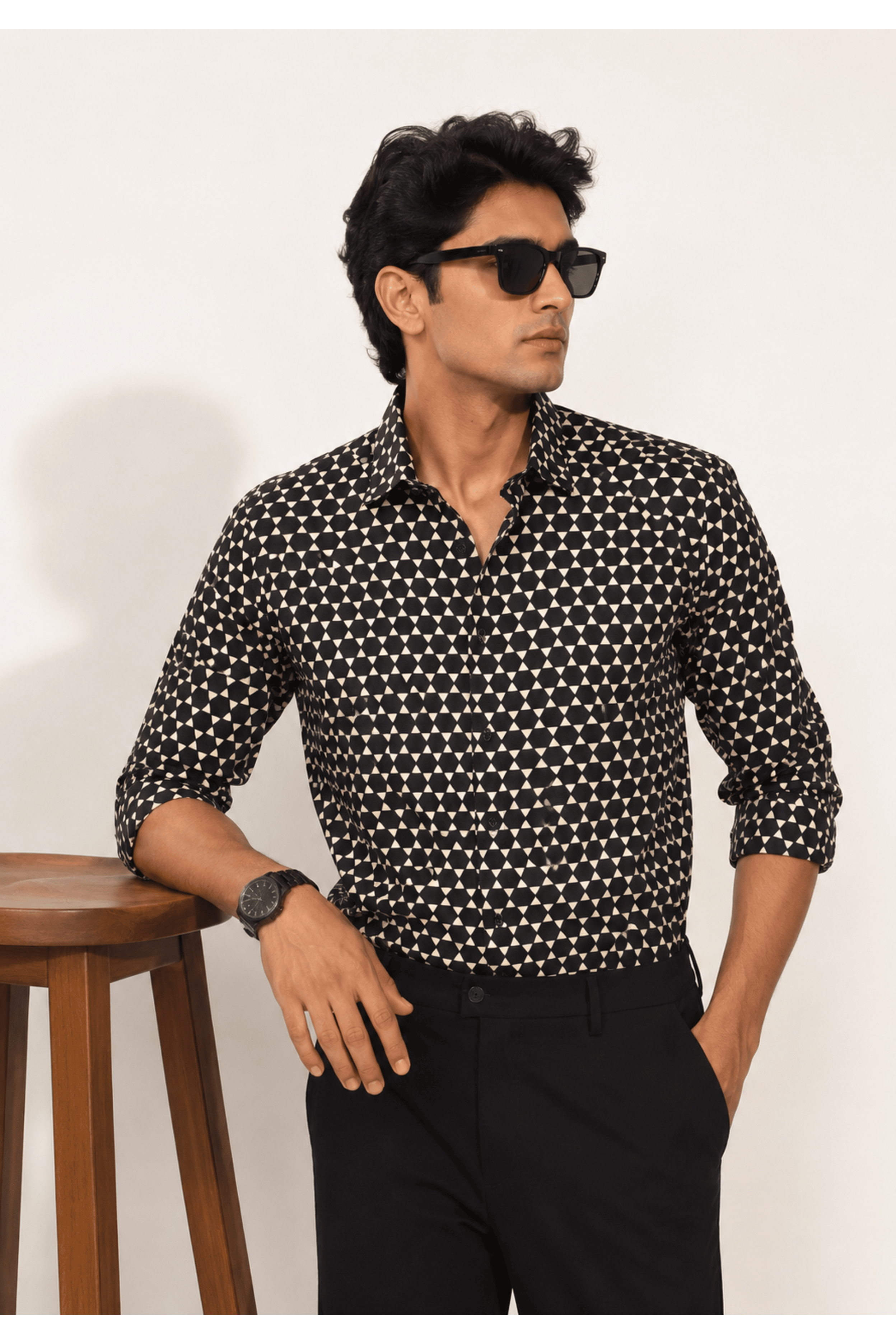 Black and Cream Geometric Triangle Print Casual Shirt