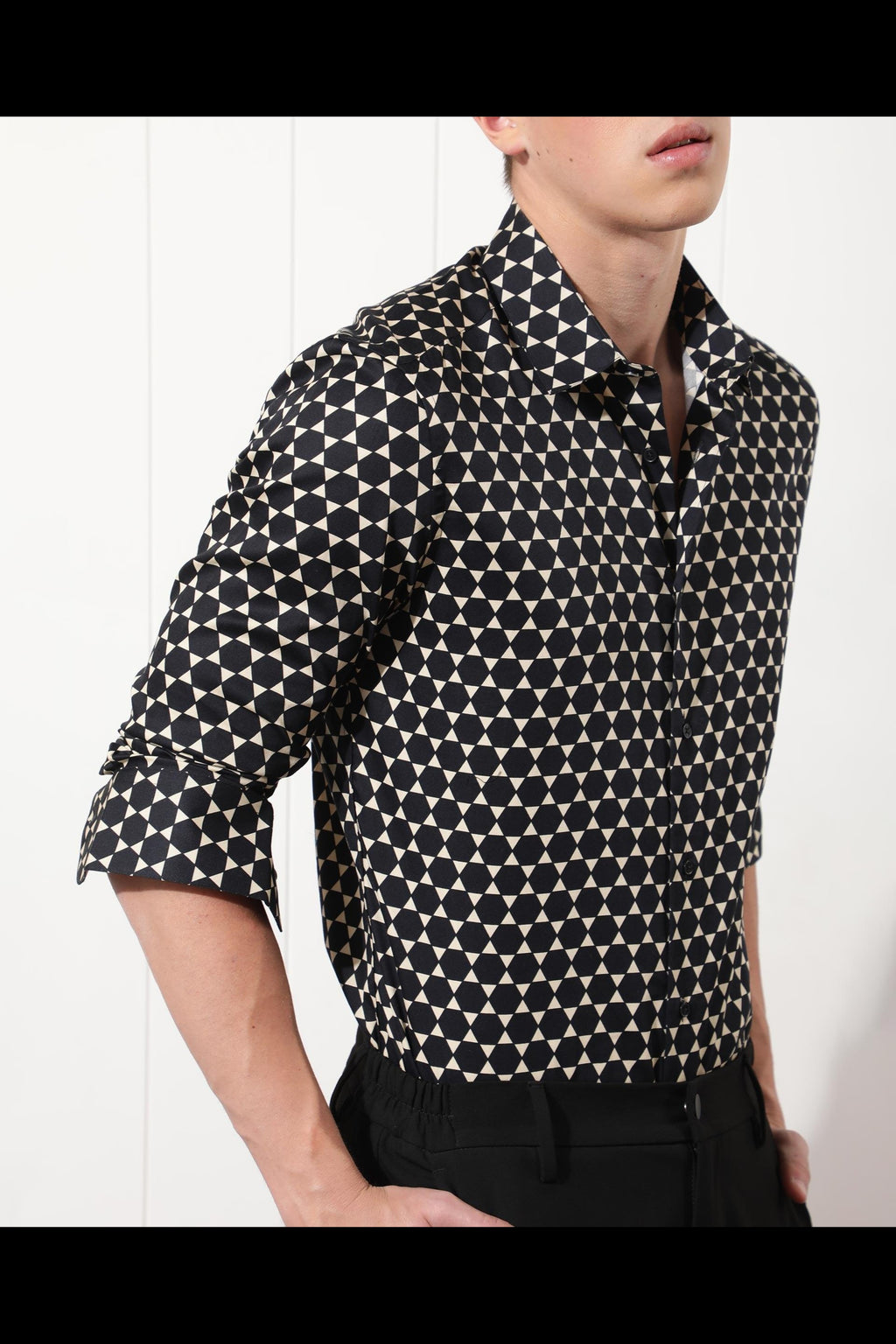 Black and Cream Geometric Triangle Print Casual Shirt