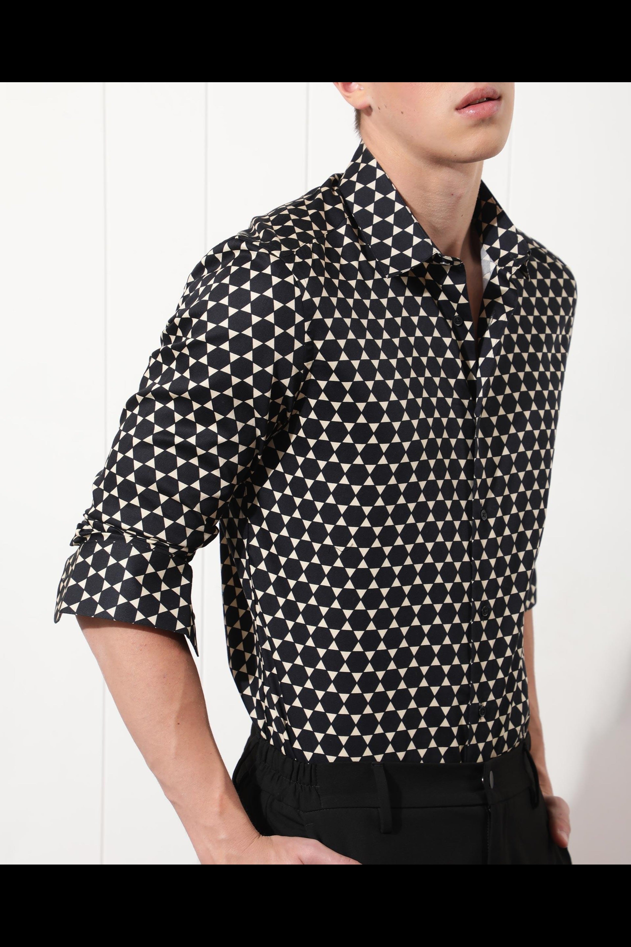 Black and Cream Geometric Triangle Print Casual Shirt