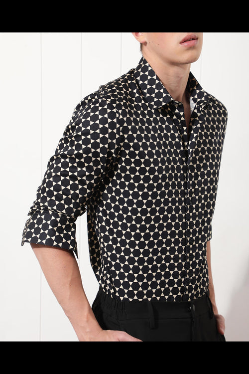 Black and Cream Geometric Triangle Print Casual Shirt
