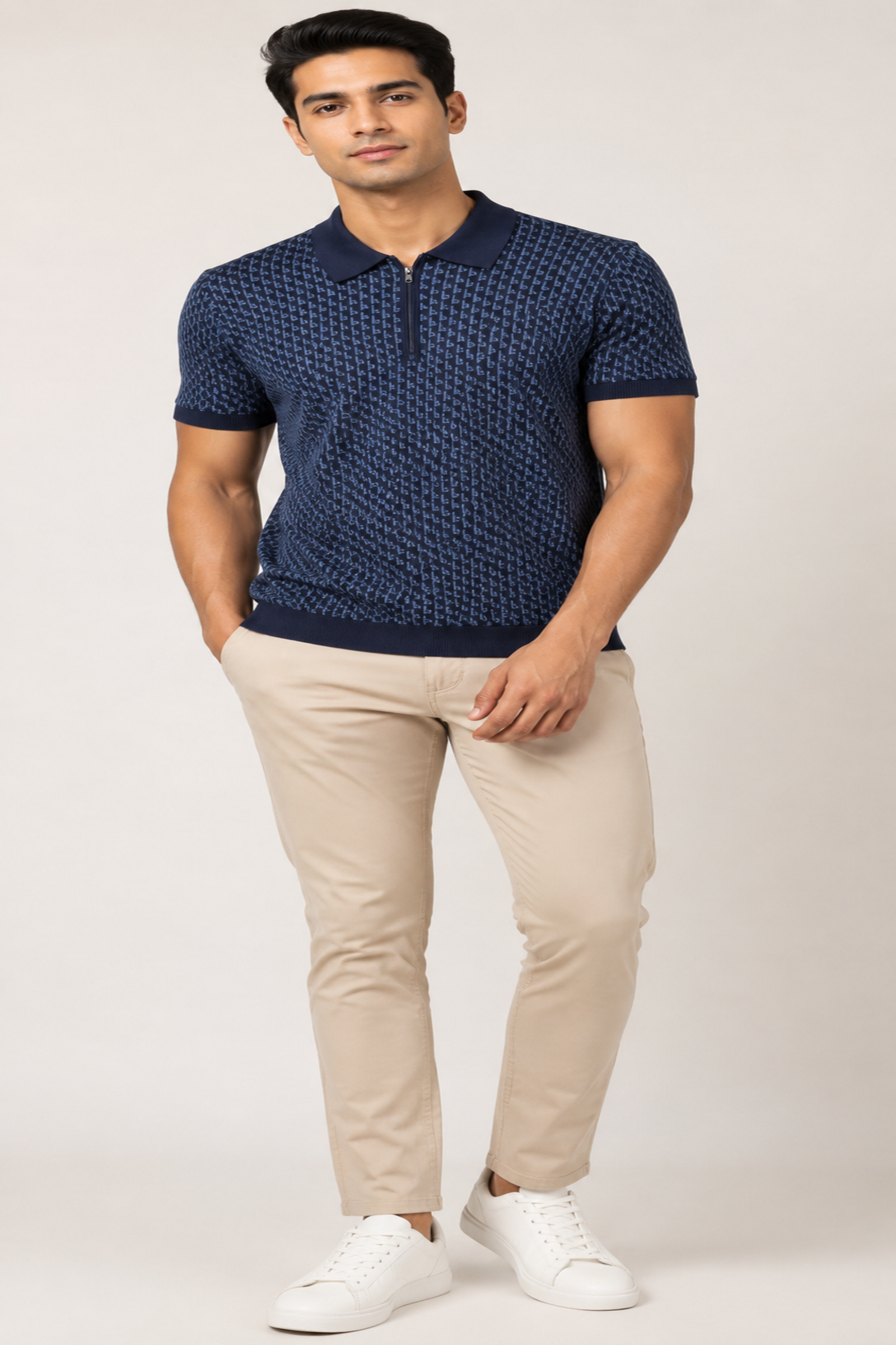 Geometric Knit Polo – Navy