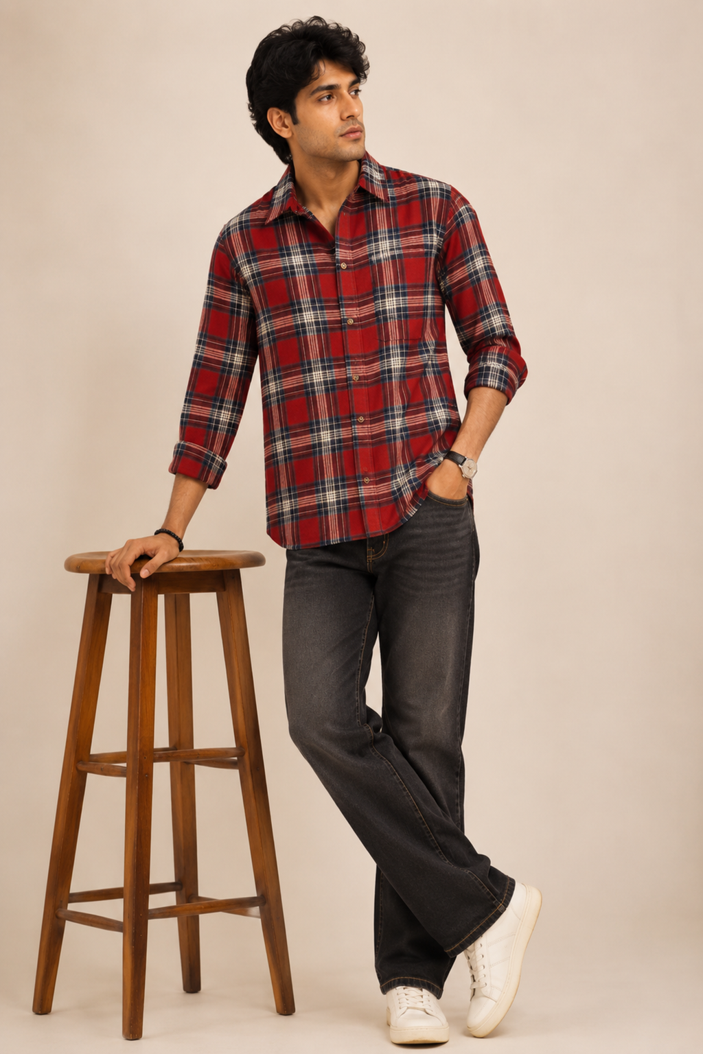 Crimson Red Plaid Long Sleeve Casual Shirt