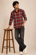 Crimson Red Plaid Long Sleeve Casual Shirt