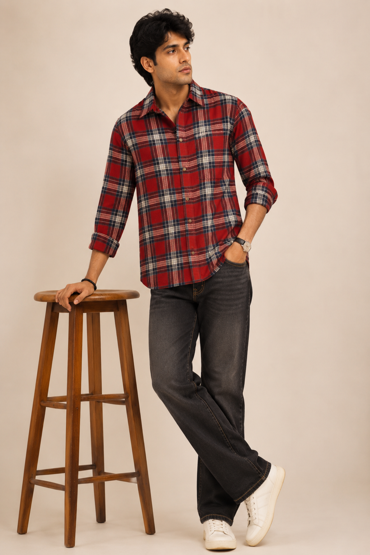 Crimson Red Plaid Long Sleeve Casual Shirt