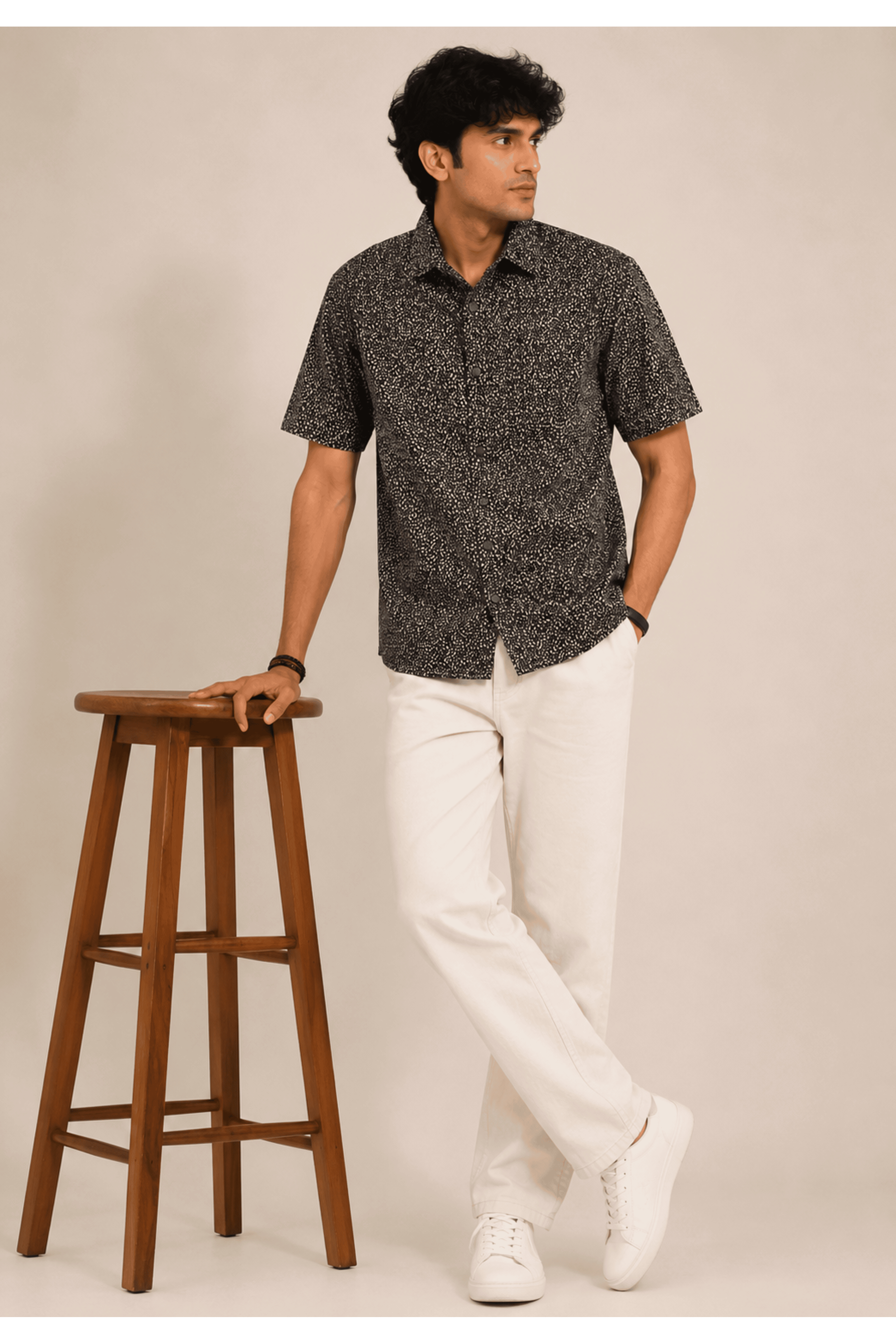 Black and White Micro-Abstract Print Short Sleeve Shirt