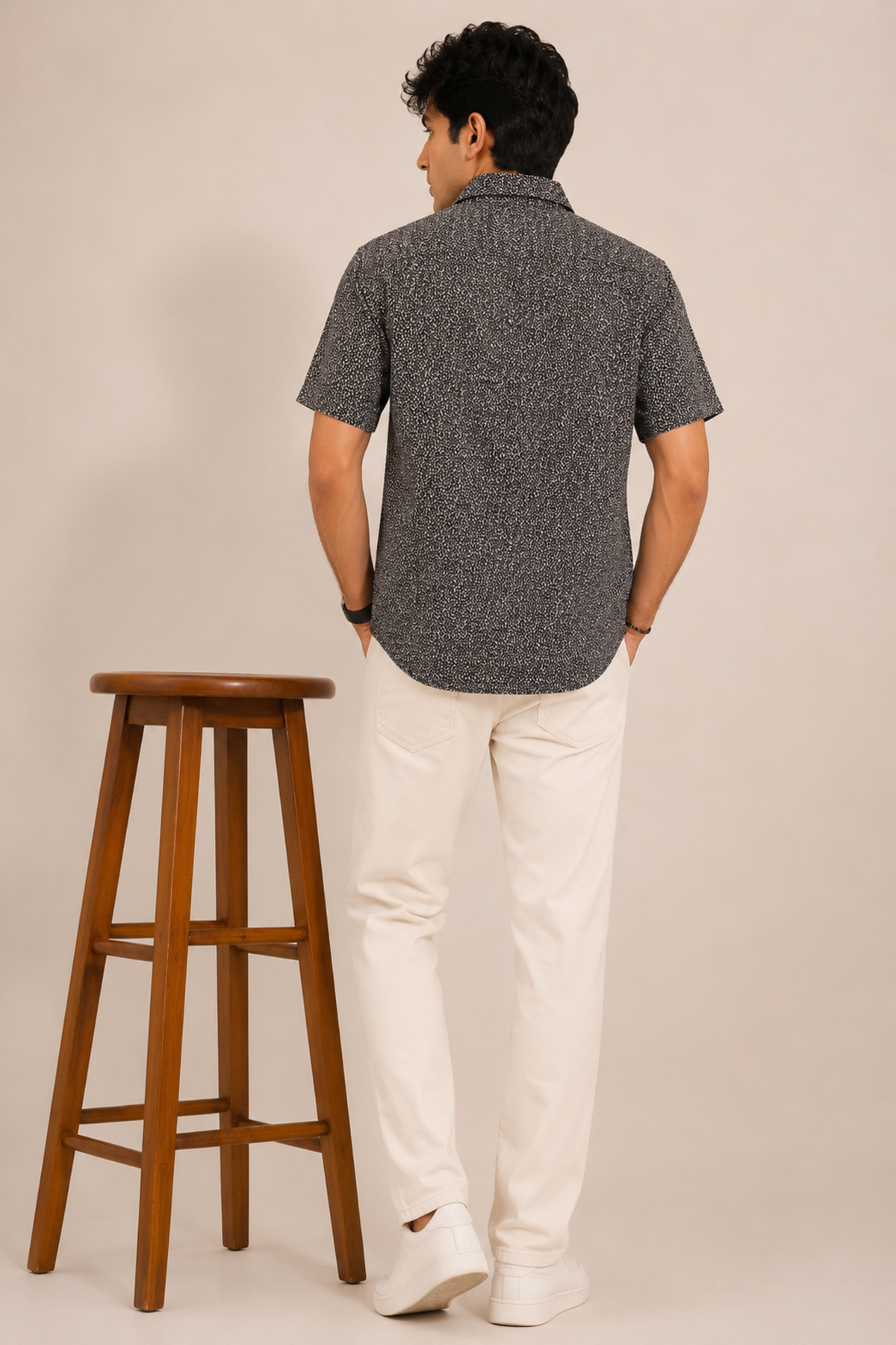 Black and White Micro-Abstract Print Short Sleeve Shirt
