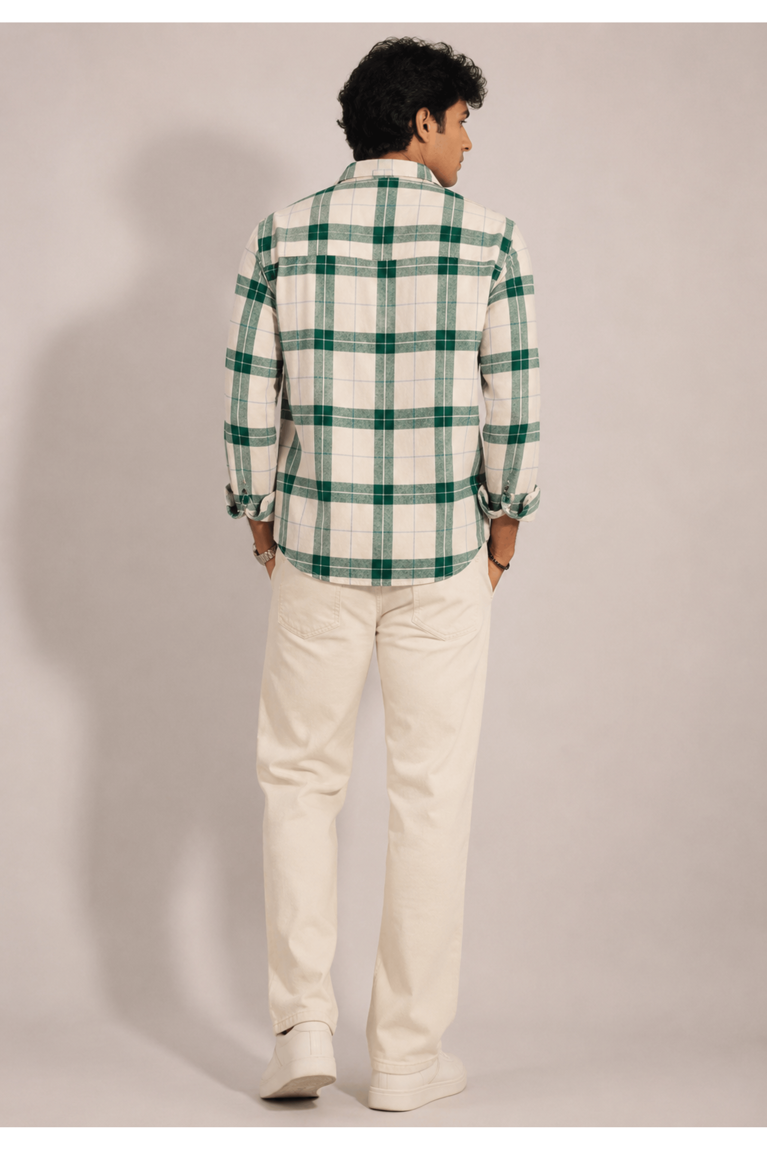 Off-White and Green Large Plaid Casual Shirt