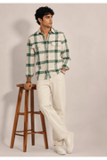 Off-White and Green Large Plaid Casual Shirt