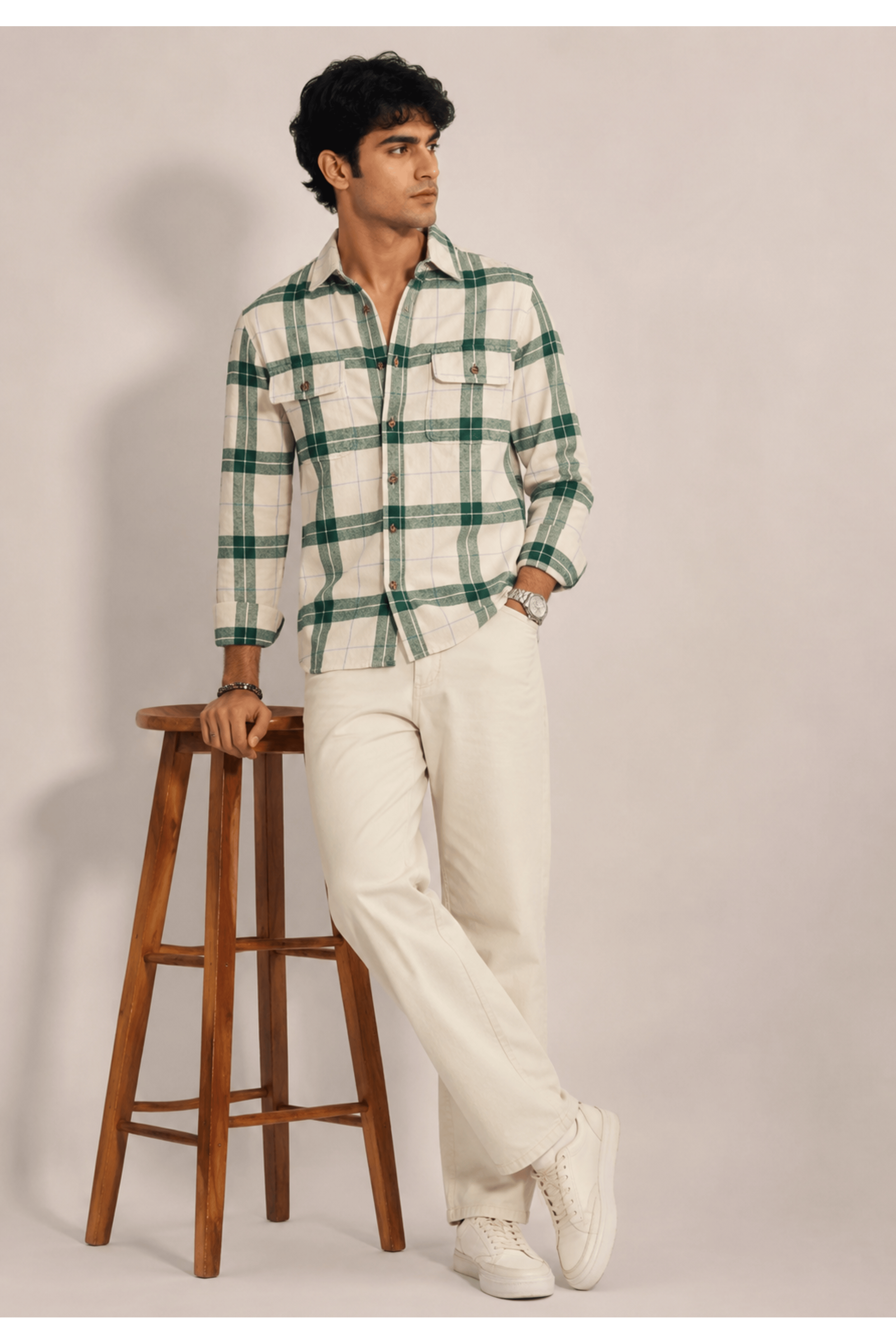 Off-White and Green Large Plaid Casual Shirt