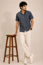 Dark Grey Mineral Wash Short Sleeve Casual Shirt