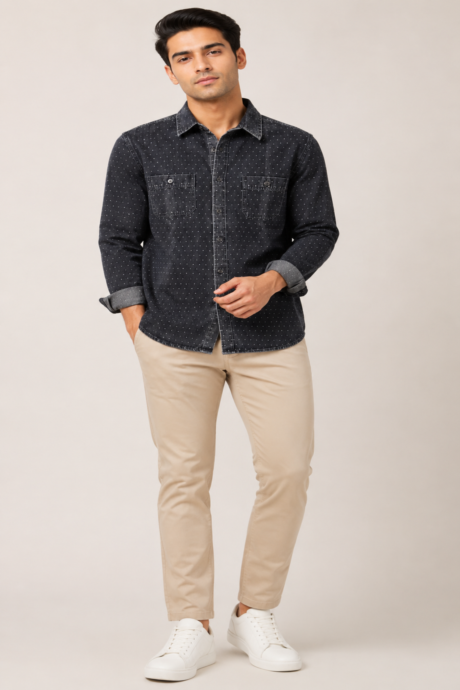Men's Washed Black Micro-Dot Denim Shirt
