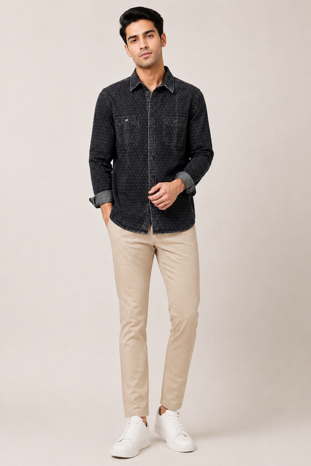 Men's Washed Black Micro-Dot Denim Shirt
