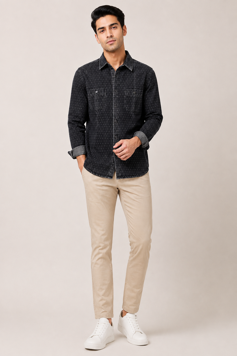 Men's Washed Black Micro-Dot Denim Shirt