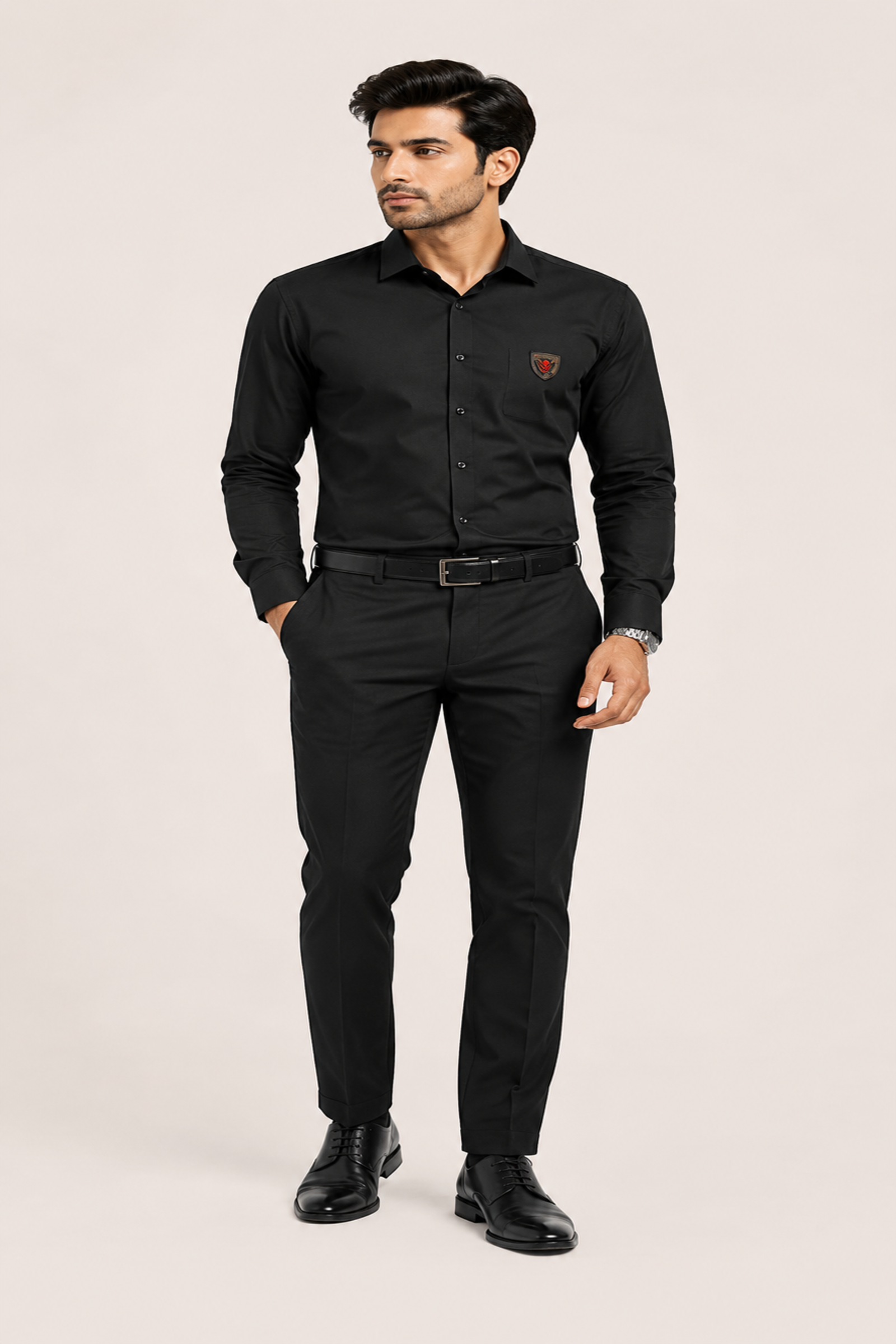 Men's Formal Black Shirt with Chest Pocket Crest