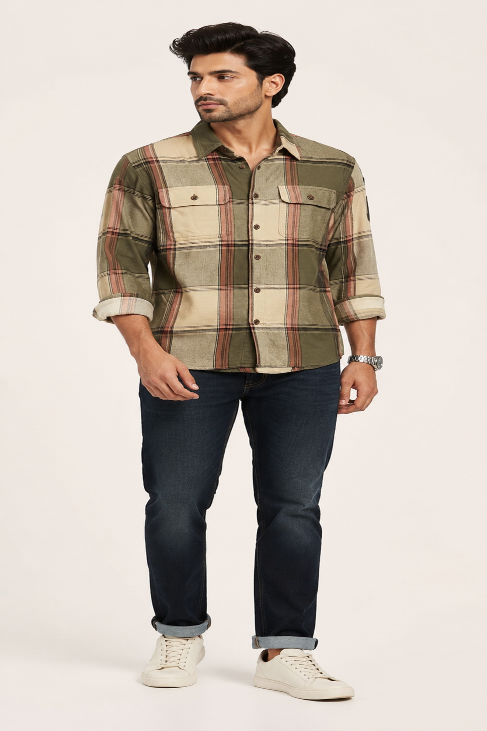 Olive and Rust Flannel-Style Plaid Shirt