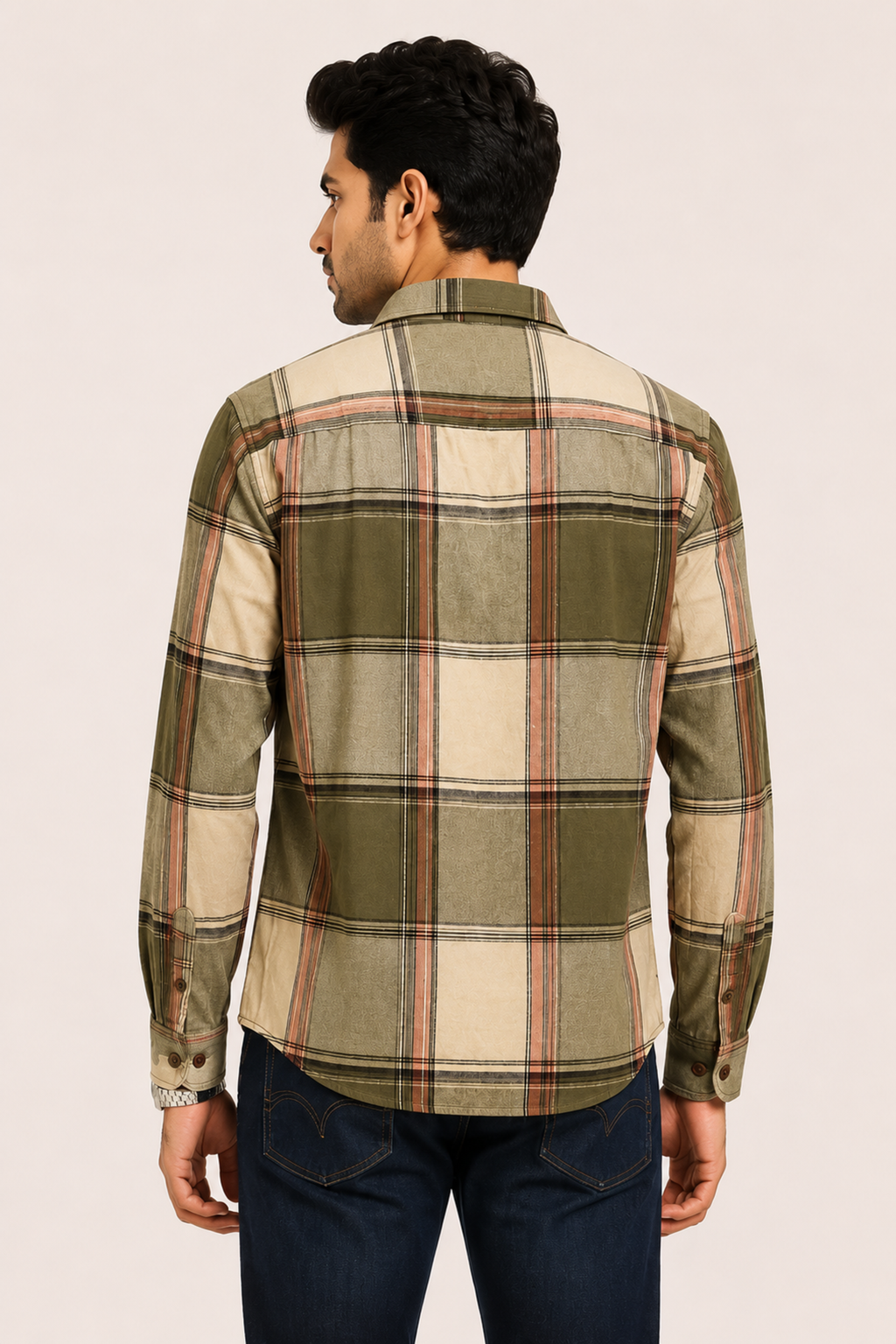 Olive and Rust Flannel-Style Plaid Shirt