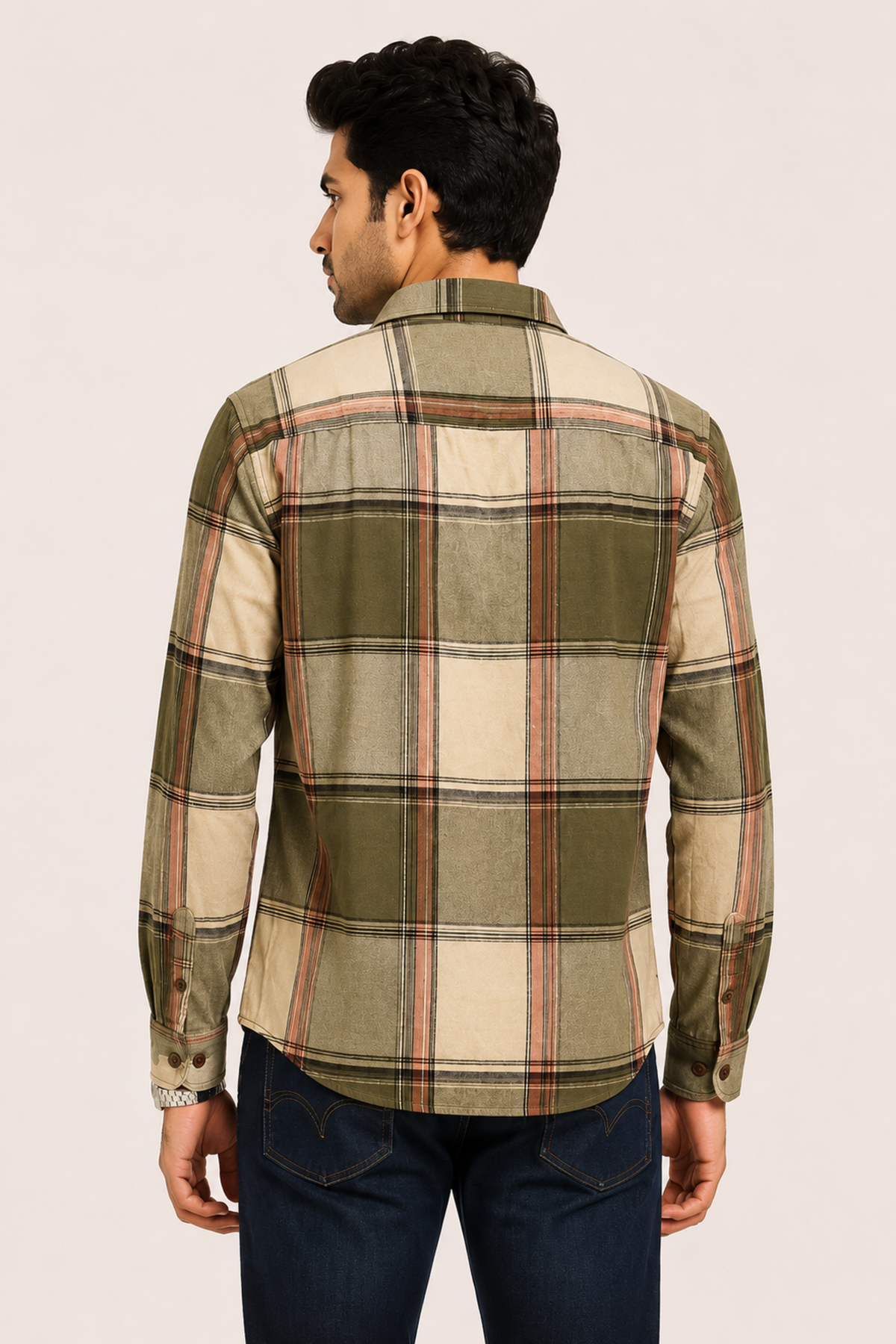 Olive and Rust Flannel-Style Plaid Shirt