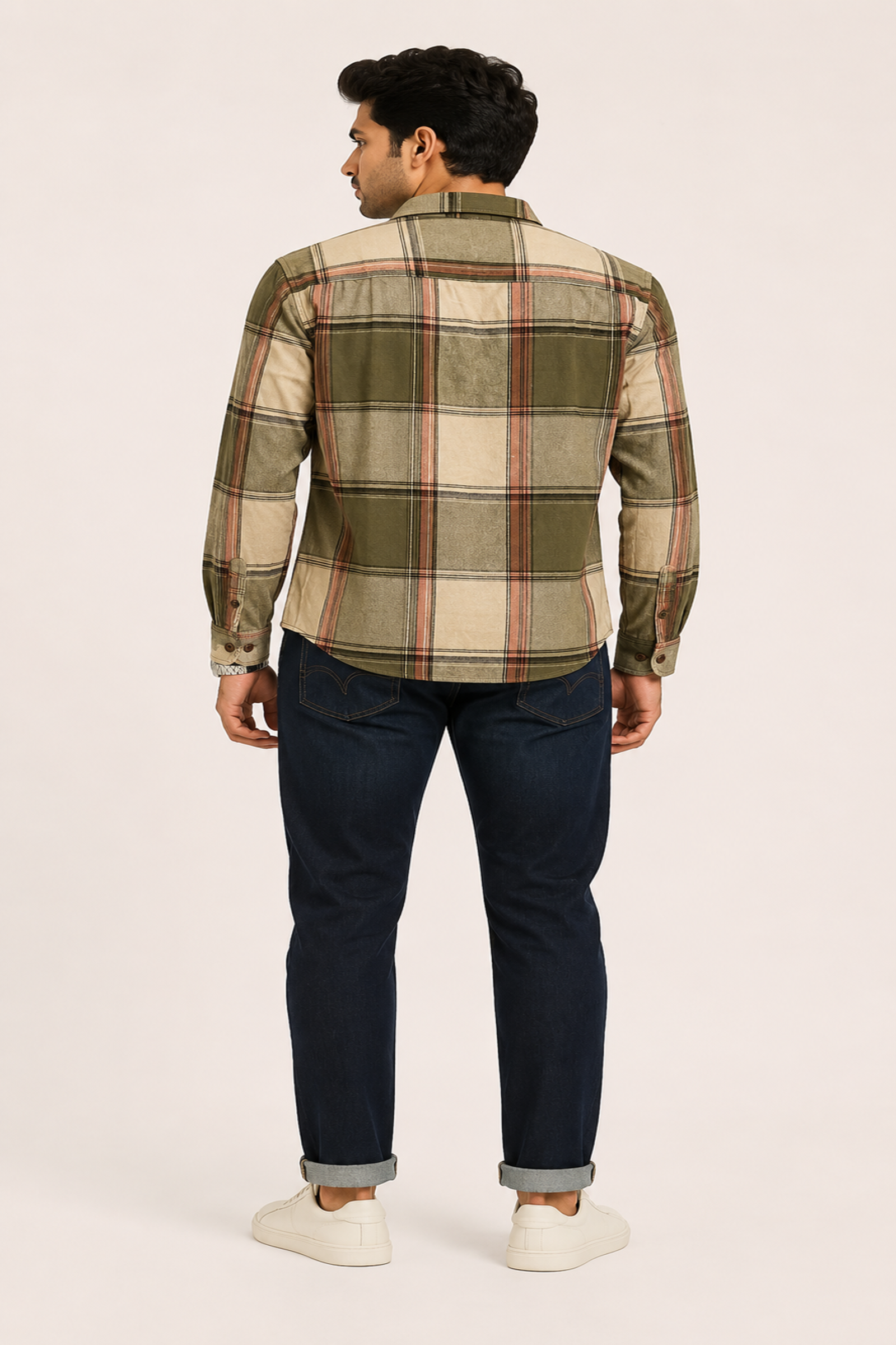 Olive and Rust Flannel-Style Plaid Shirt