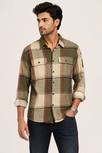 Olive and Rust Flannel-Style Plaid Shirt