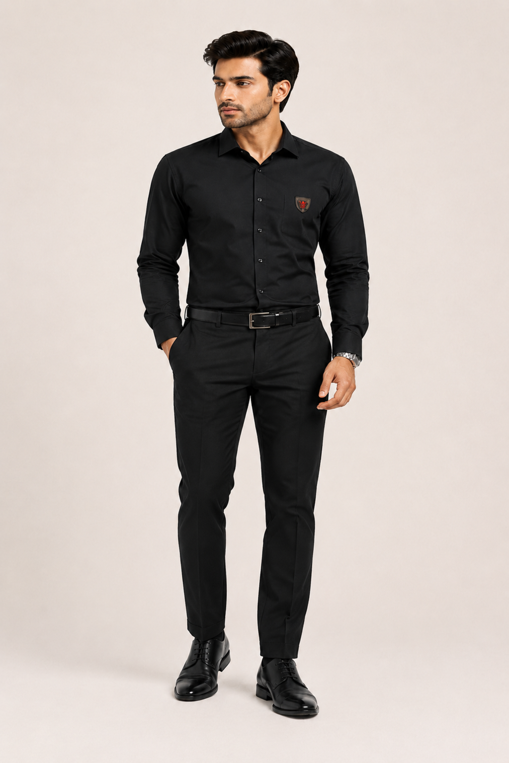 Men's Formal Black Shirt with Chest Pocket Crest