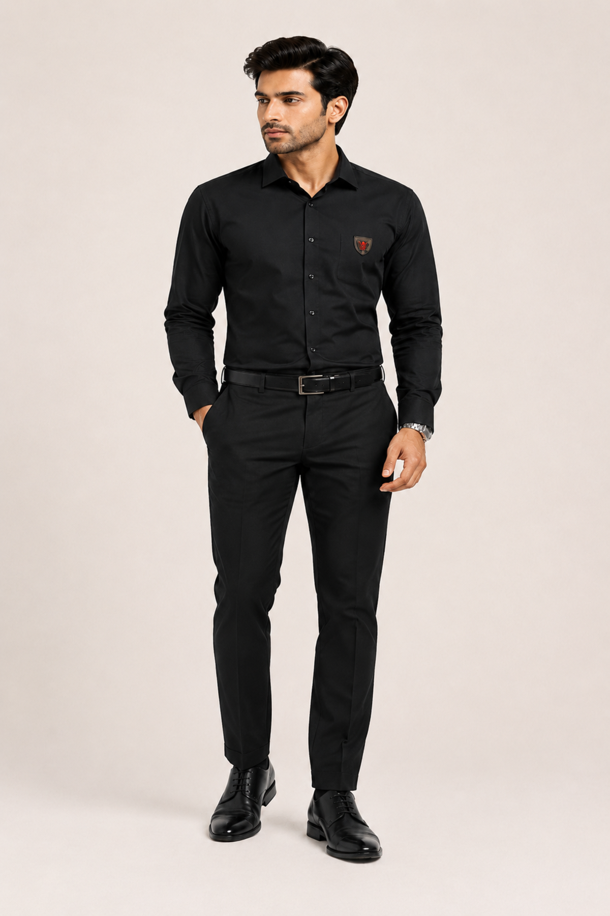 Men's Formal Black Shirt with Chest Pocket Crest
