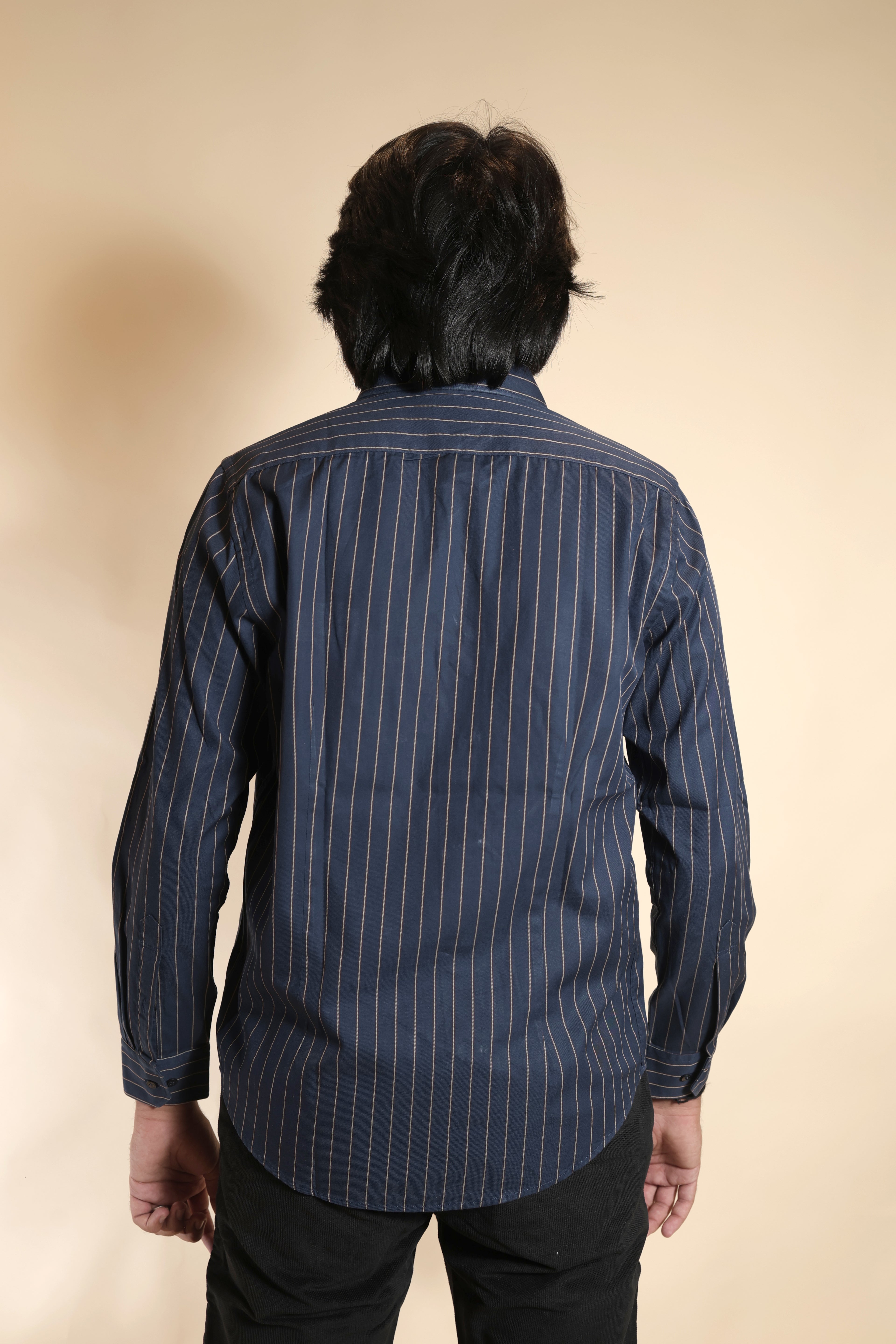 Men's Navy Blue Pinstripe Long-Sleeve Shirt