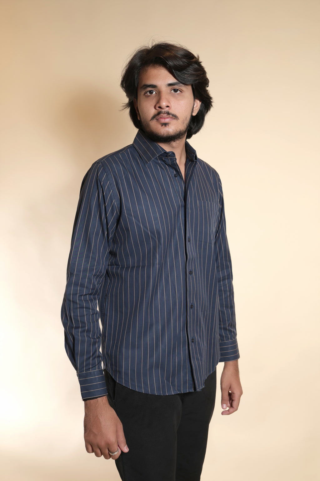 Men's Navy Blue Pinstripe Long-Sleeve Shirt