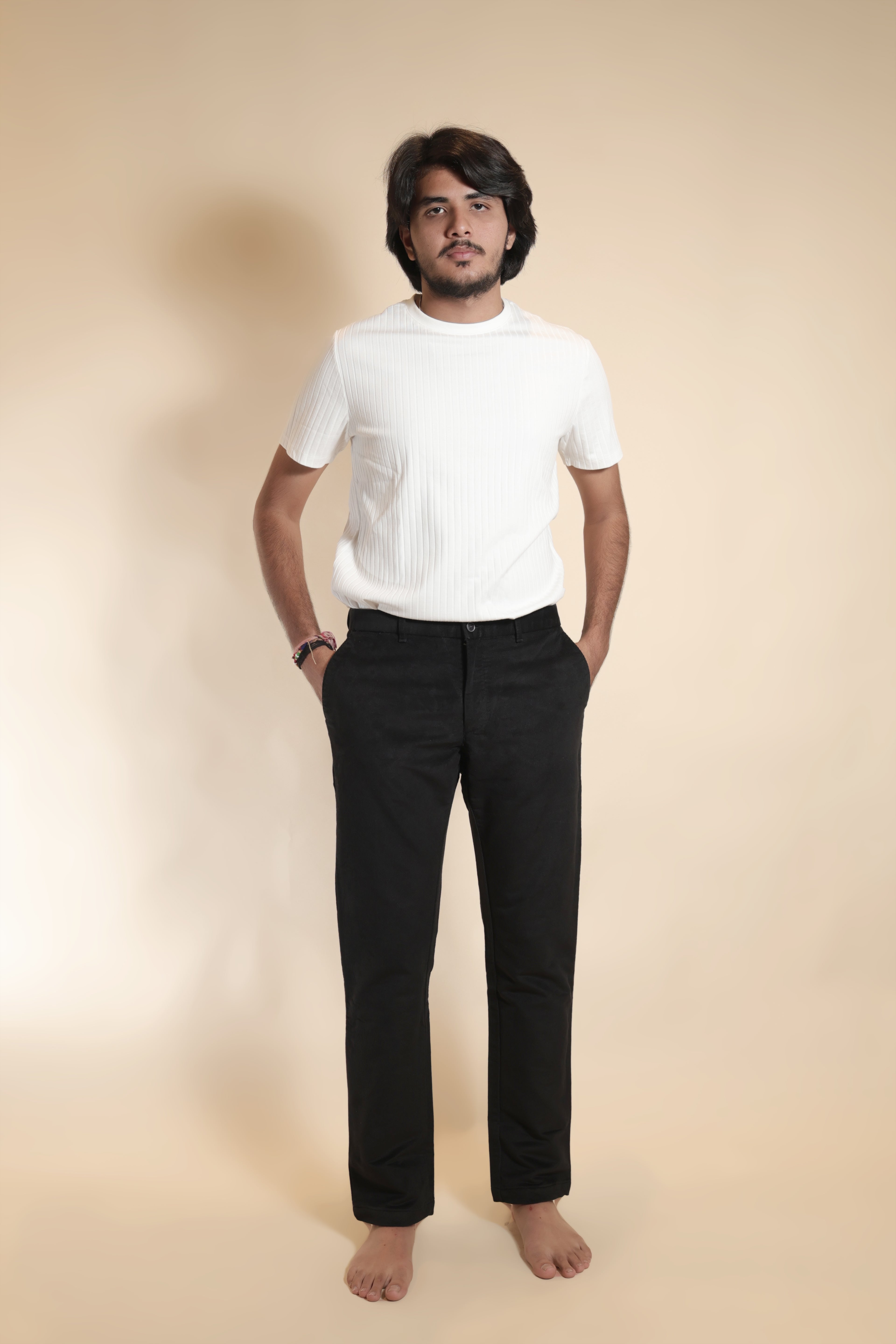 Men's Black Corduroy Straight-Fit Trousers