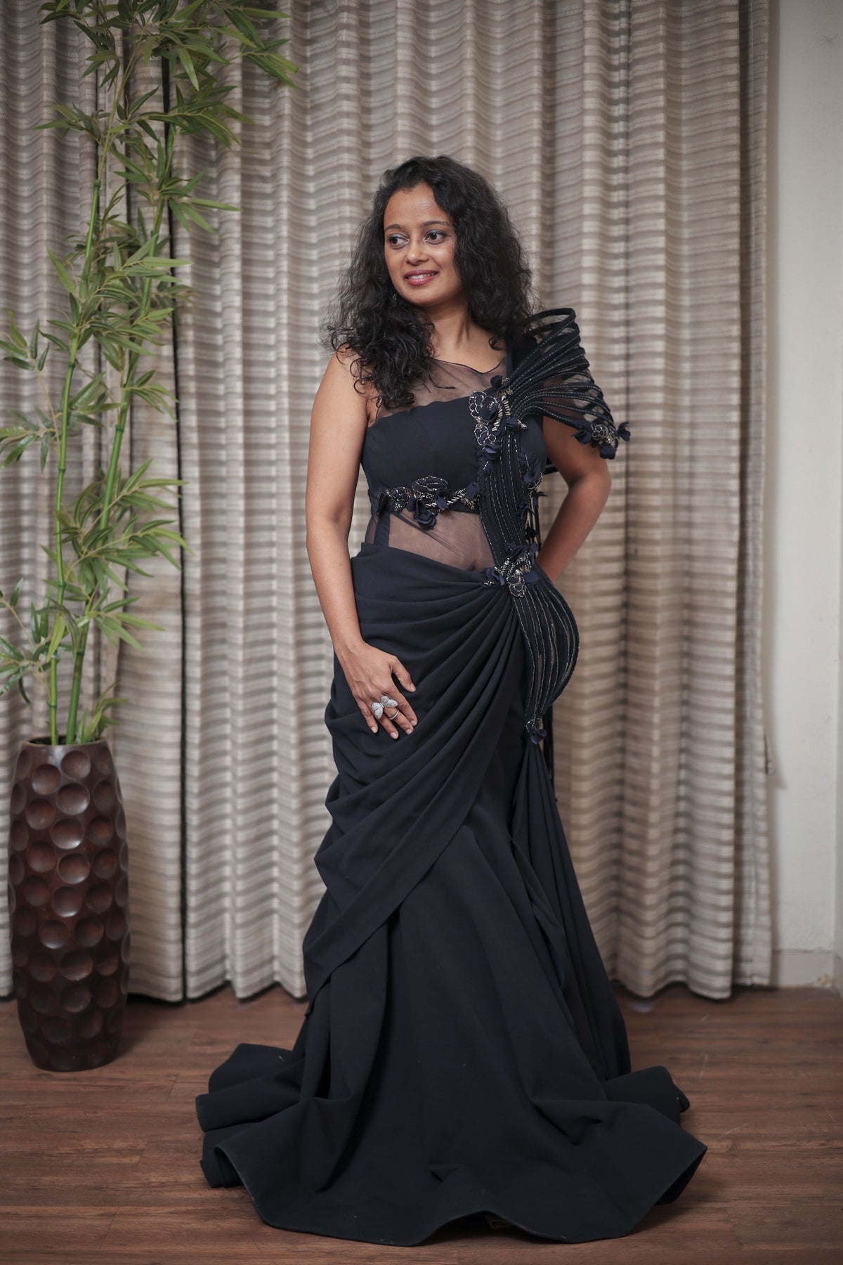 Midnight Black Sculptural Pre-Draped Gown