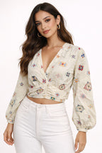 Elegant Printed V-Neck Crop Top