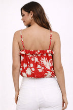 Ruffle Neck Floral Tie-Up Crop Top