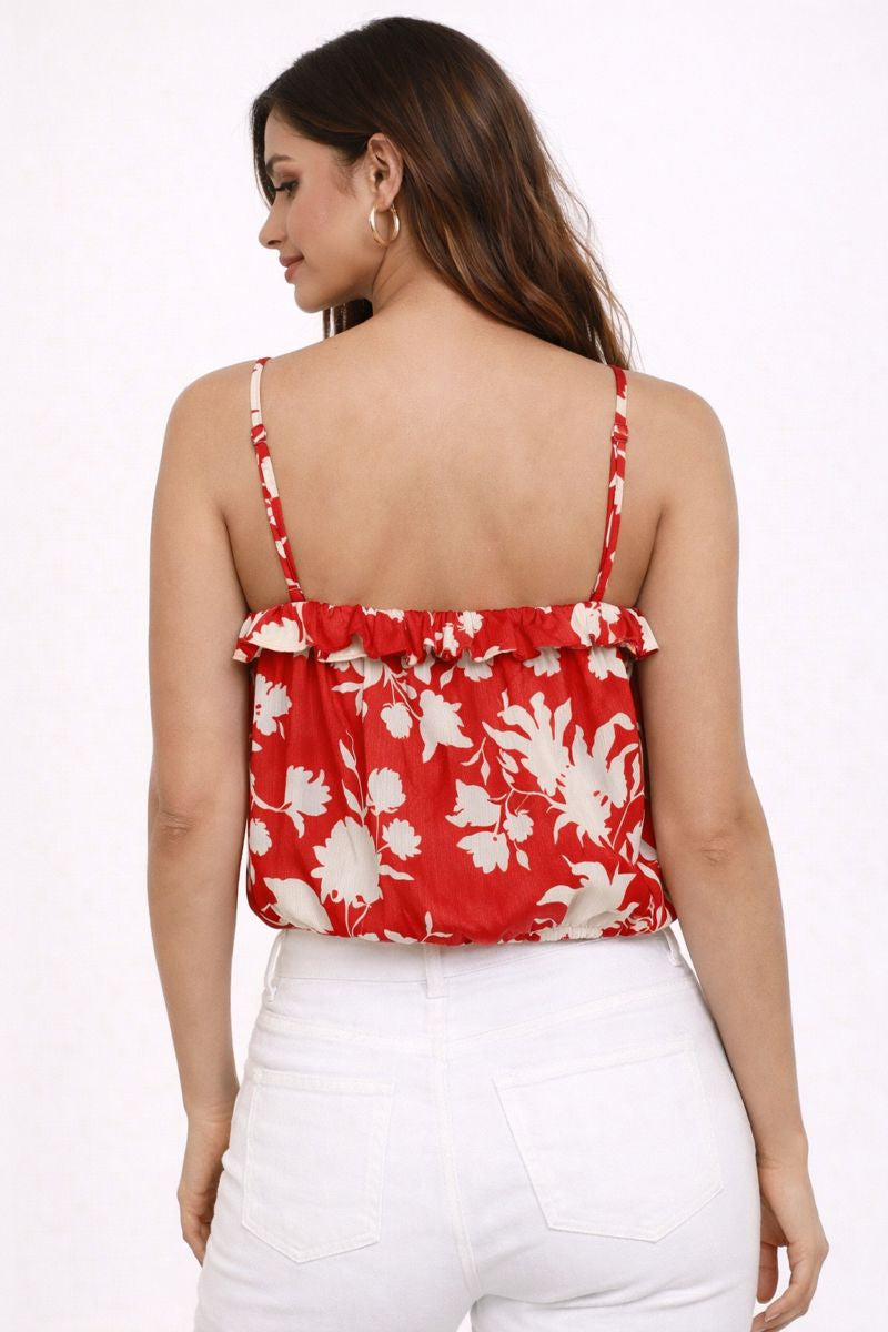 Ruffle Neck Floral Tie-Up Crop Top