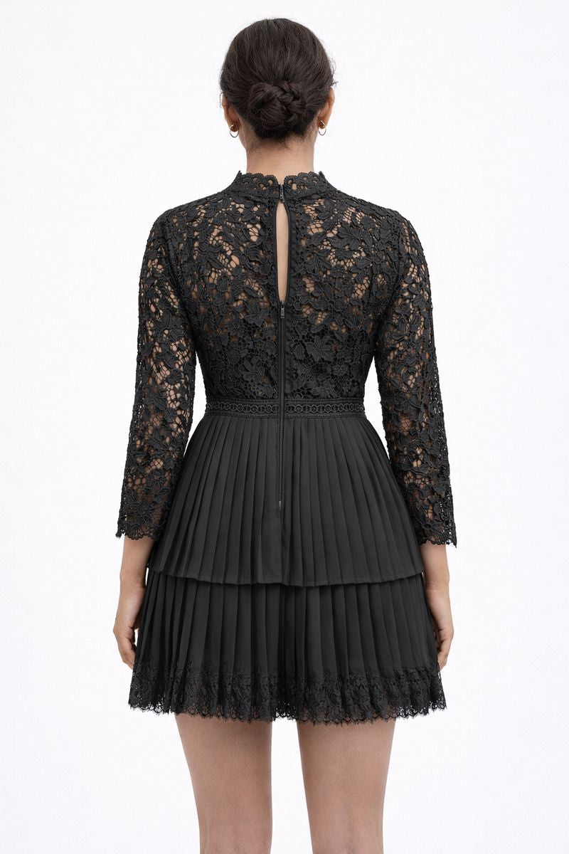 High-Neck Lace & Pleated Dress