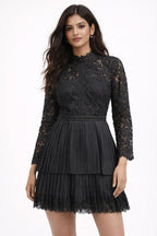 High-Neck Lace & Pleated Dress