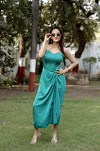 Teal Smocked Strapless Draped Midi Dress