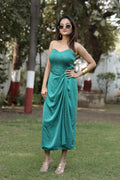 Teal Smocked Strapless Draped Midi Dress